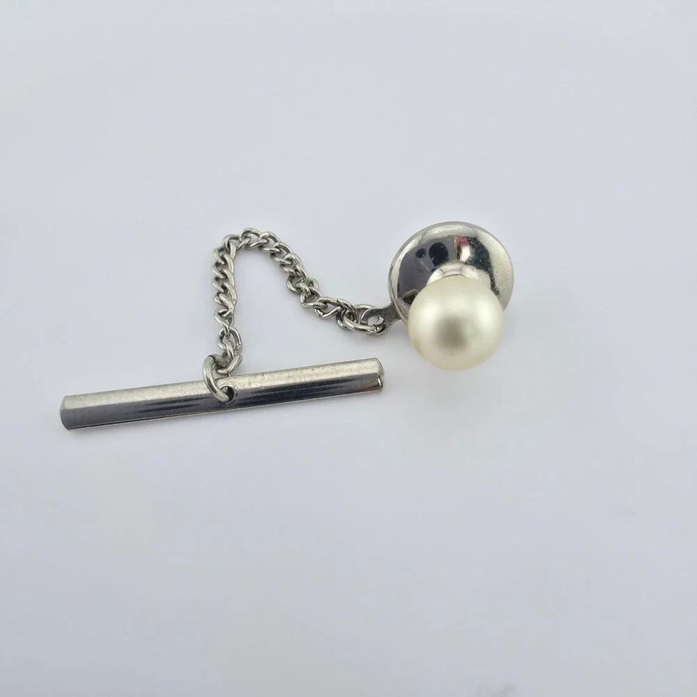 Vintage Faux Pearl Tie Tack Pin Silver & Gold Tone FREE $HIPPING!!